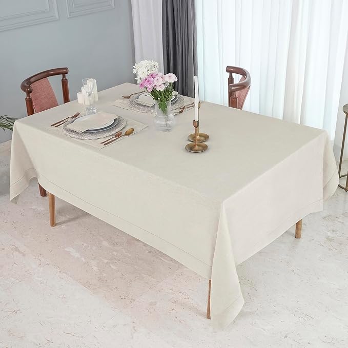 D'Moksha Homes Light Natural Linen Tablecloth for Rectangle Tables 60 x 102 Inch - Classic Hemstitch 100% Pure Linen Natural Table Cloth - Machine Washable Dining Tablecloth for Valentines, Easter