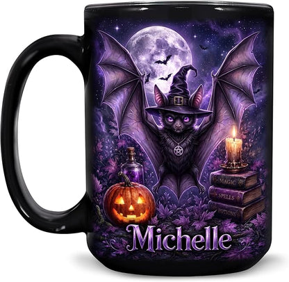 Hyturtle Personalized Halloween Bat Mug, Custom Name Gift by Hyturtle