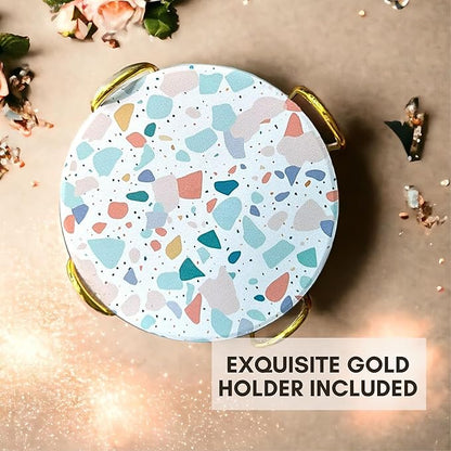 Terrazzo Coasters Set of 6, Ceramic Absorbent Drink Coasters, Cute Moisture Absorbing Coaster, Coffee Table Desk Decor, Colorful Stone Coaster for Drinks (Pastel)
