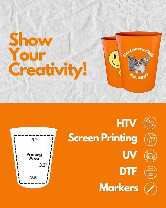 PartyPrints 100 Pack 16 oz Orange Reusable Blank Plastic Cups, Stadium Cups - Image 3