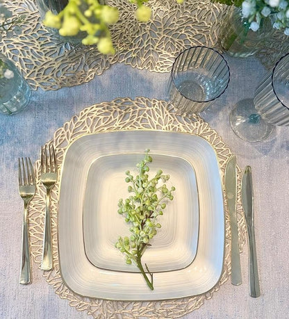 " OCCASIONS " 50 Plates Pack (25 Guests)-Wedding Party Disposable Plastic Plate Set -25 x 10'' Dinner + 25 x 7'' Salad & Dessert plates (Belize Square in Ivory & Gold)