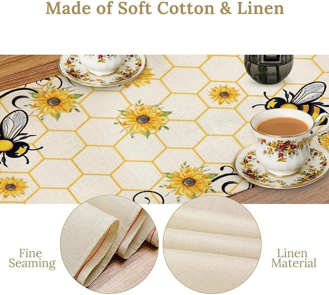 Bee Sunflower Table Runner, Farmhouse Orange Honeycomb Vintage Spring Summer - Image 5
