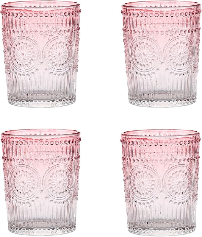 Amzcku Pink Drinking Glasses Set of 4, Vintage Glassware 10 oz- by Amzcku
