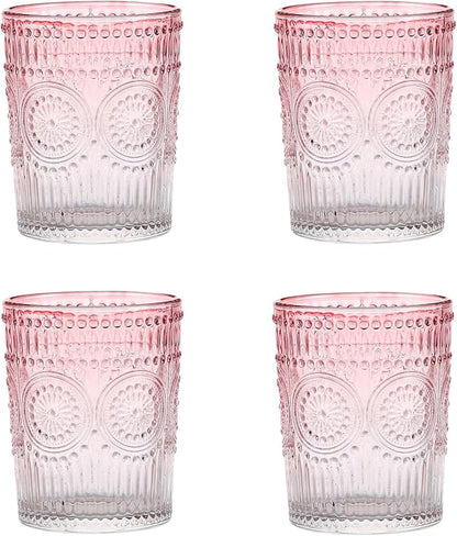 Amzcku Pink Drinking Glasses Set of 4, Vintage Glassware 10 oz- by Amzcku