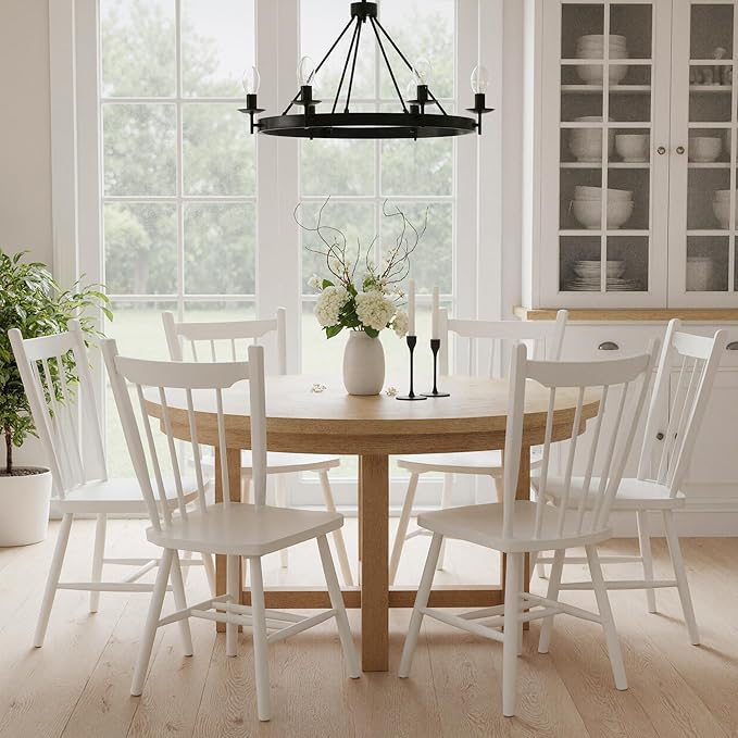 HNY White Windsor Dining Chairs Set of 4, Farmhouse Wooden Kitchen Chairs with Spindle Back, Mid Century Modern Armless Kitchen Side Chair for Dining Living Room Restaurant