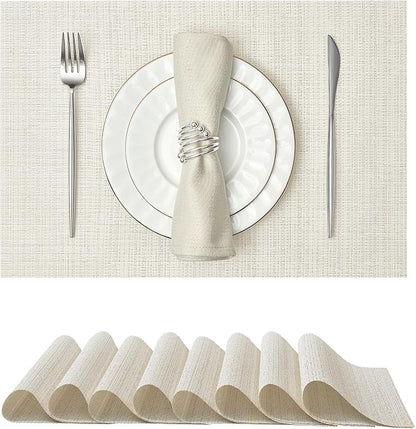 Leetaltree Luxury White and Silver Woven Placemats Set of 8 - Waterproof Washable Textured Table Mats for Wedding, Anniversary, Daily Use - Sparkling Metallic Thread Table Decor - Hand-Cut