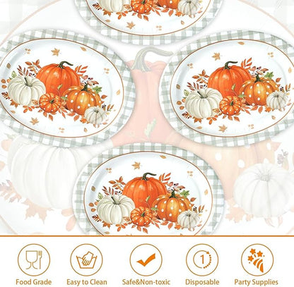 Grencian 50Pcs Fall Oval Paper Plates 10" x 12" Gray Plaid Orange Pumpkin Plate Disposable Fall Pumpkin White Plates Tableware Sets for Thanksgiving Autumn Holiday Dinner Party Supplies Decoration
