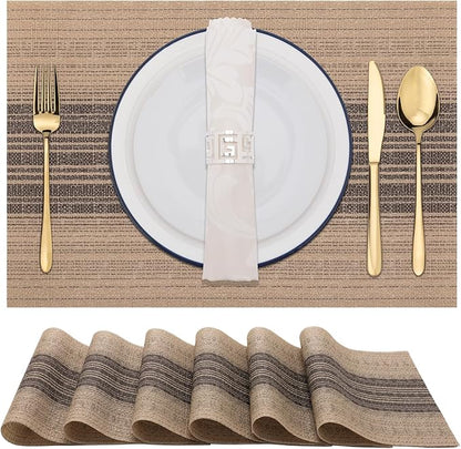 Winknowl Placemats, Set of 6 Heat Resistant Stain Resistant Woven Vinyl Insulation Place mats, Durable Washable Elegant Table Mats for Dining (Brown)
