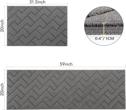 hicorfe Kitchen Rugs and Mats Sets,2 Pieces Super Absorbent Polypropylene Non-Slip Rug,Soft Comfort Floor Mat,Machine Washable for Kitchen,Hallway,Office,Sink,Laundry(20" x 32"+20" x 59",Grey)