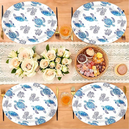 50 Pcs Sea Turtle Oval Paper Plates 10" x 12" Large Heavy Duty Disposable Blue Ocean Coastal Turtle Coral Dessert Plates Platters for Summer Beach Under the Sea Turtles Birthday Party Decorations ﻿