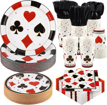 Kochorie 400 Pieces Casino Print Disposable Tableware Sets, Las Vegas Party Supplies Set with Plates Cups Napkins Cutlery Serves 50 for Birthday Poker Club Casino Theme Party Decorations