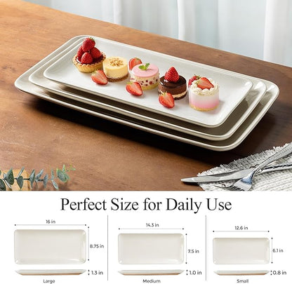AmorArc Ceramic Serving Platter,Rectangular 16"/14.3"/12.6" inch Serving Dishes for Party Entertaining,Stoneware Serving Trays forTurkey,Salad,Microwave&Dishwasher Safe-Set of 3-Light Beige