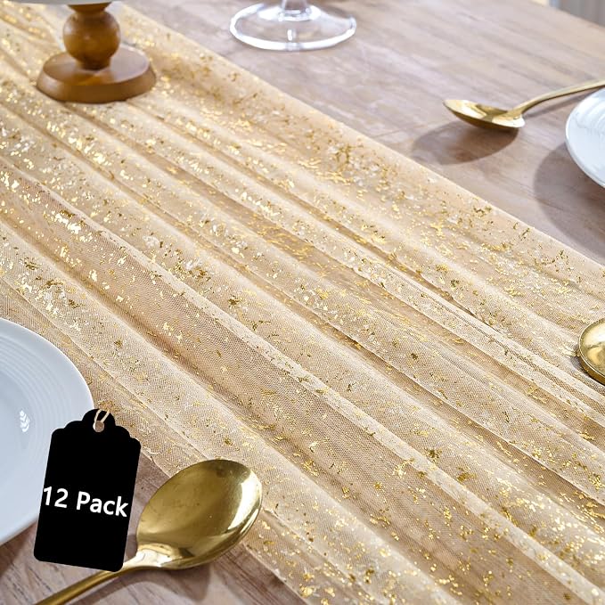 12PC Gold Sparkly Gauze Table Runner 120 Inch 10FT Dining Wedding Baby Shower by YARGEZON
