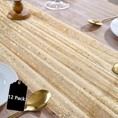 12PC Gold Sparkly Gauze Table Runner 120 Inch 10FT Dining Wedding Baby Shower by YARGEZON