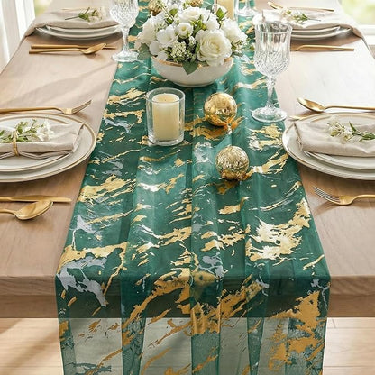 Artoid Mode Marble Pattern Green Gauze Table Runner 10FT, Glitter Metallic Foil - Image 6