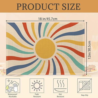 Vintage Sun Retro Swirl Placemats Set of 6 Place Mats for Kitchen Table Washable Farmhouse Linen Table Mats Dining Decoration 12x18 Inch
