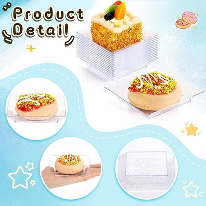 Zhehao 100 Pcs Clear Plastic Dessert Appetizer Plates, 3.6 x 3.6 Inch Disposable Small Square Plastic Dessert Cake Plates for Wedding Cake Appetizer Parties Reception(Silver Clear)
