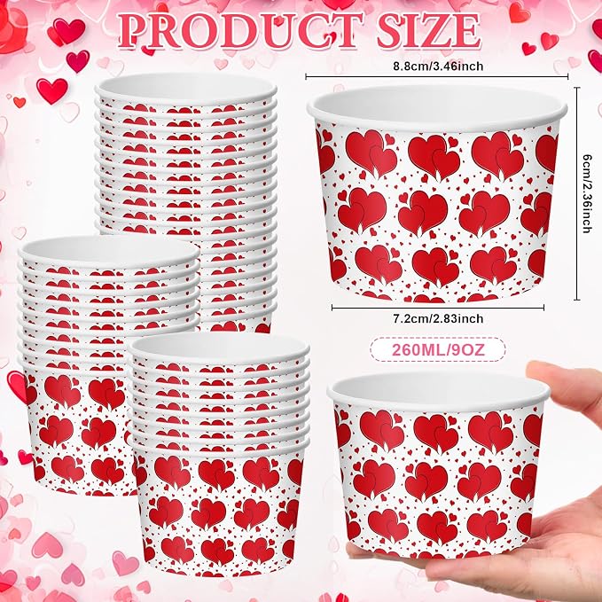 CHENGU 60 Pcs Valentines Snack Cups 9 oz Red Heart Paper Disposable Ice Cream - Image 2