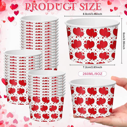 CHENGU 60 Pcs Valentines Snack Cups 9 oz Red Heart Paper Disposable Ice Cream - Image 2
