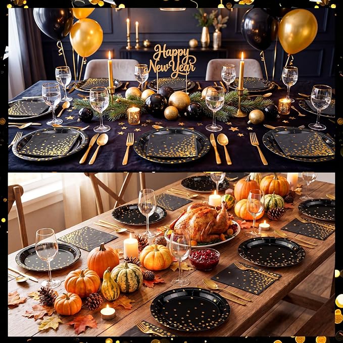 NatNarr 25 Set Black Gold Plates and Napkins Set, 6.5" Napkins, - Image 7