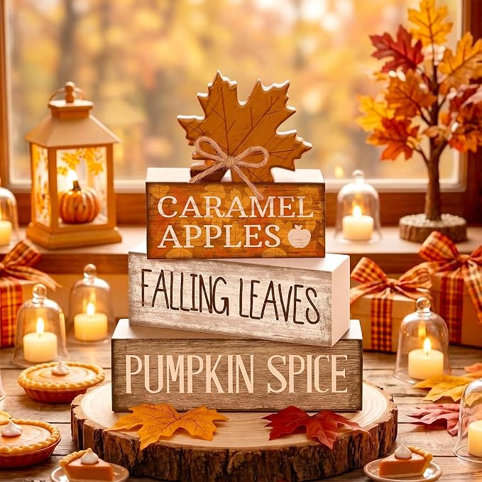 Moucuny 4 Pcs Fall Decor Wooden Maple Leaf Decoration Thanksgiving Tiered Tray - Image 2