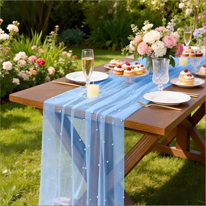 Pearl Table Runner Summer Tulle Gauze Sheer Wedding Party Home Decor | Blue - Image 5