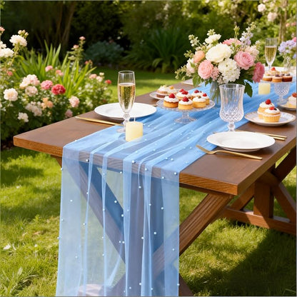 Pearl Table Runner Summer Tulle Gauze Sheer Wedding Party Home Decor | Blue - Image 5