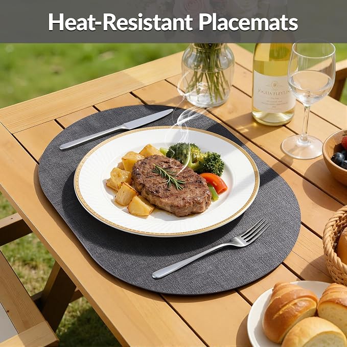 Placemats Set of 8, 11.8 x 17 Inch, Dark Grey | Heat Resistant Oval Faux - Image 4
