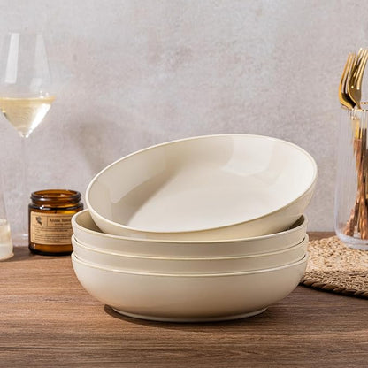 AmorArc 8.5'' Large Ceramic Pasta Bowls, 36oz Stoneware Pasta Serving Bowls Set of 4 for Kitchen, Wide Bowls for Pasta,Salad,OatmeaL,Microwave Safe, Reactive Glaze-Vanilla