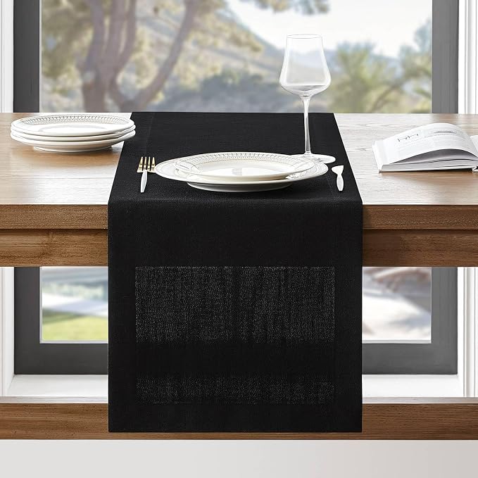 Linen Textured Border Table Runner, 14 x 60 Inch Black | Mitered Corner Design by ZEEMARTONLINE