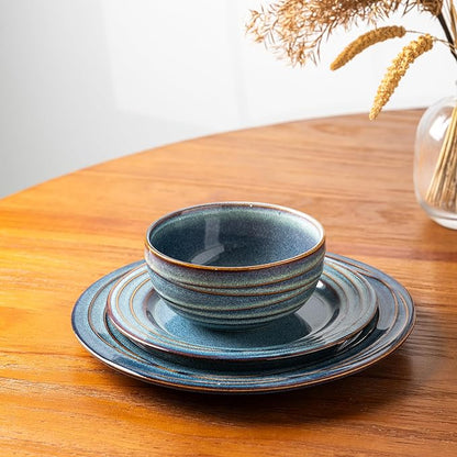 GBHOME Ceramic Dinnerware Sets,12 pcs Embossed Elegant Stoneware Plates and Bowls Sets, Housewarming Wedding Gift | Dishwasher & Microwave Safe | Dishes Set Service for 4,Ceylon Blue