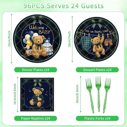 96 Pcs We Can Bearly Wait Baby Shower Decorations, Bear Tableware Set | - Image 2