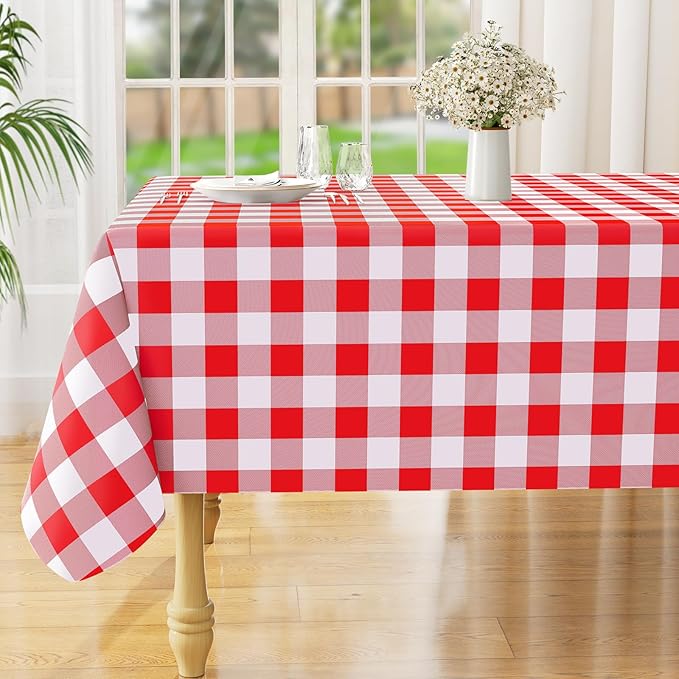 misaya Rectangle Waterproof Vinyl Table Cloth, Buffalo Flannel Backed Tablecloth, Wipeable Plastic Table Cover for Valentine's Day, Dinner, Kitchen, Outdoor (60" x 120", Red and White)
