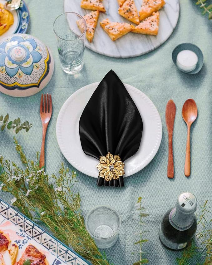 12 Pack Gold Napkin Rings and Cloth Napkins Set of 6, 17x17 Satin Cocktail - Image 2
