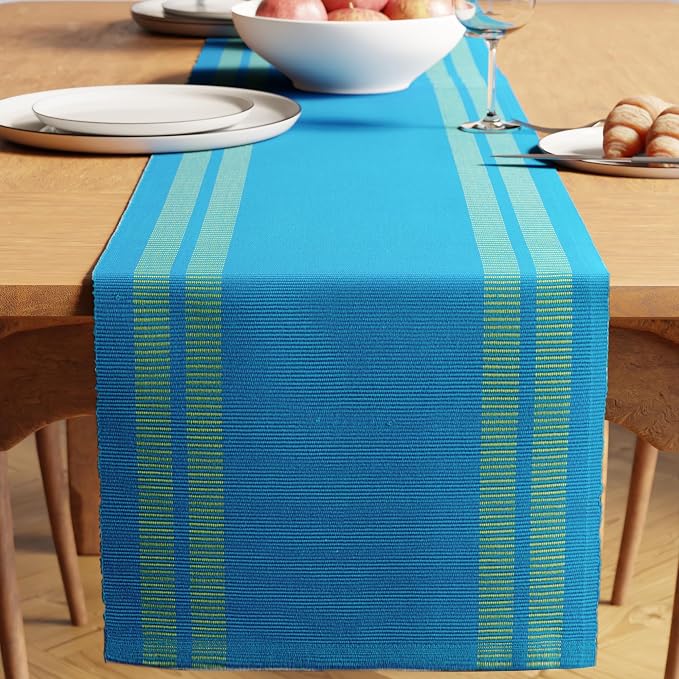 Encasa XO Table Runner, Yarn Dyed Ribbed Cotton 13"x72" | Ladder Turq Blue by EncasaXO