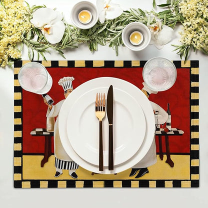 Giwawa Fat Chef Placemats Italian Pizza Bistro Anti-Fatigue Red Wine Linen Table Mat Set of 4 Cooking Food Heat Stain Resistant Place Mats for Dining Kitchen Party Holiday Decoration