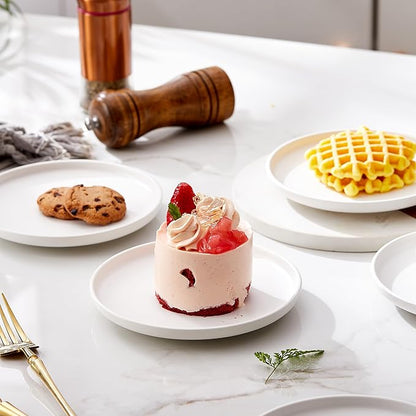 Matte Ceramic Appetizer Plates 6 Inch,Small Mini Dessert Plates Set of 4,Microwave and Oven Safe Snack,Bread,Butter Dessert,Pie,Cake Plates Cat Dishes(6 inch, White)
