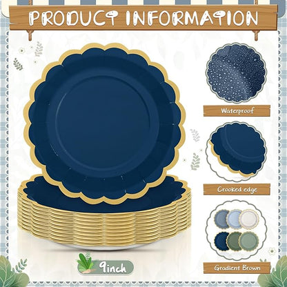 96 Pcs Dusty Blue Sage Green Paper Plates 9 Inch Green Blue Scalloped Paper Disposable Dinner Dessert Plates for Birthday Wedding Bridal Party Supplies, 6 Colors