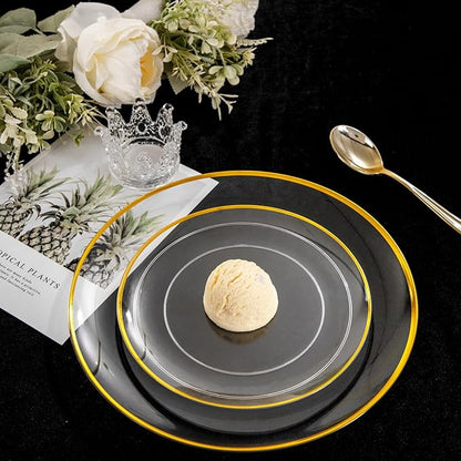 LIYH 60 Pcs Clear and Gold Plastic Plates Heavy Duty Clear Disposable Plates for Party Gold Plastic Plate for Wedding Birthday Include 30 Dinner 30 Dessert Plate