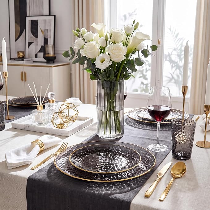 Rubtlamp 60Pcs Black Plastic Plates, Hammered Plastic plates Include 30 Dessert - Image 5