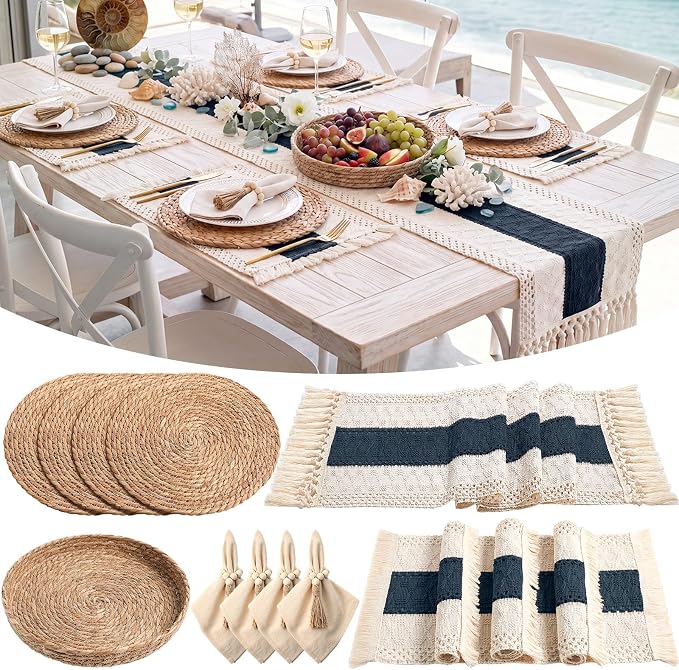 4 Sets Boho Decoration Placemats Round Woven Placemats, Cloth Napkins, Wood by Gandeer