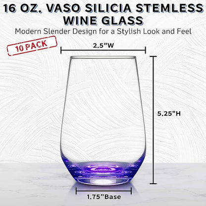 DISCOUNT PROMOS 10 Vaso Silicia Stemless Wine Glasses Set, 16 oz. - Clear, Orb-Like, Thick base - Purple