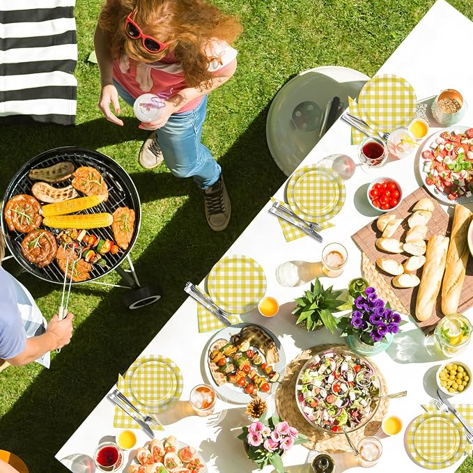 180Pcs Yellow Gingham Party Supplies Paper Plates and Napkins Serve 60 | - Image 6