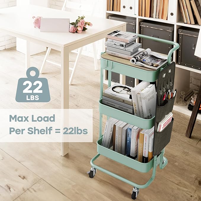 DTK 3 Tier Metal Utility Rolling Cart with Table Top and Side Bags, Metal Tray Storage Organizer Cart with Wheels, Art Craft Cart with 4 Hooks for Kitchen Bathroom Office Living Room (Green)