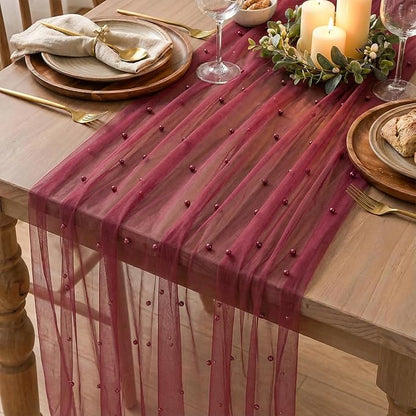 Artoid Mode Pearl Burgundy Gauze Table Runner 120 Inch 10FT, Seasonal Sheer Dining Holiday Wedding Birthday Baby Shower Table Decor for Home Party