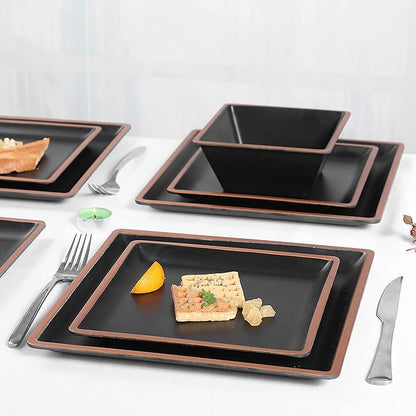Melamine Dinnerware Sets Service for 4, Square Dinner Plates and Bowls Set,12-Piece Set Non-breakable Lightweight Dinner Tableware for Indoor/Outdoor Use