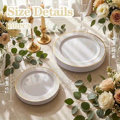 102 Pcs Gold Plastic Plates, Premium Disposable Gold Plates | Gold Rimmed - Image 4