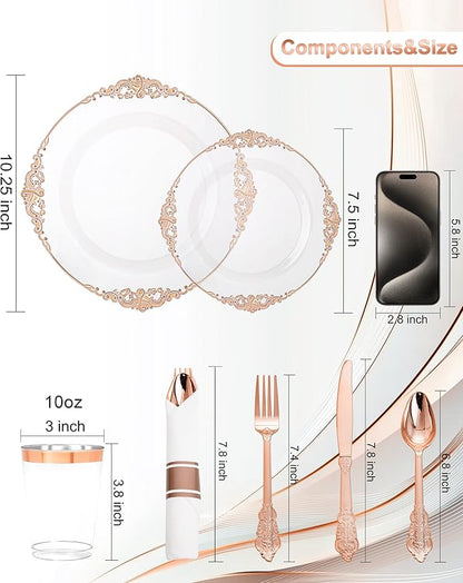 Nervure 350PCS Rose Gold Plastic Plates - Rose Gold Plastic Dinnerware Sets for 50 Guests - 100 Disposable Plates, 150 Silverware, 50 Cups, 50 Napkins Perfect for Wedding & Party