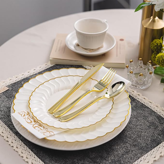 Lullaby 140PCS Ivory Scalloped Plastic Plates Set - Image 7