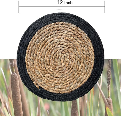 ANDSTAR Round Woven Placemats Set of 4, 12"x12", Natural Wicker Placemats, Water Hyacinth Straw Braided Placemats,Boho Place Mats for Farmhouse, Rustic Table (Water Hyacinth + Black Cotton Rope)